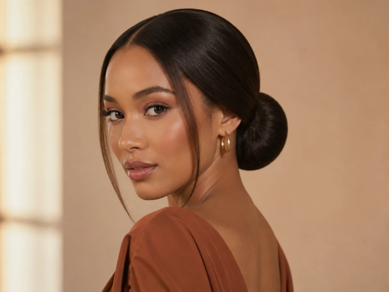A low chignon on pressed hair