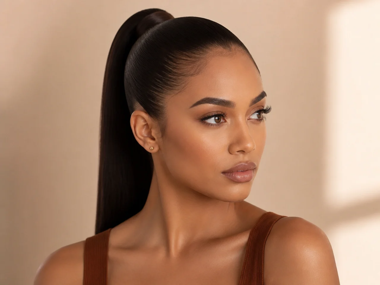 A tightly pulled style stressing the hairline