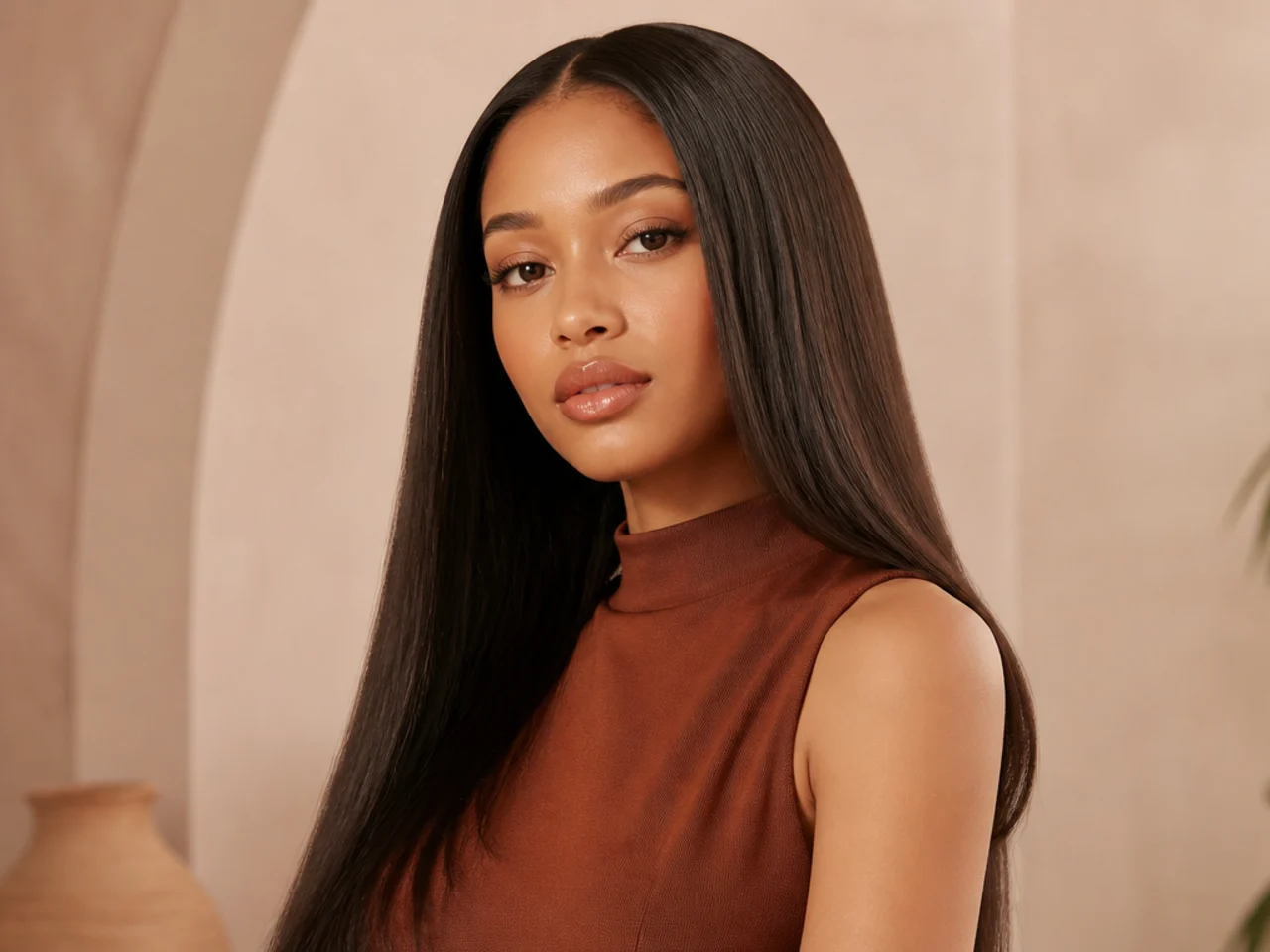 A sleek middle-parted pressed style