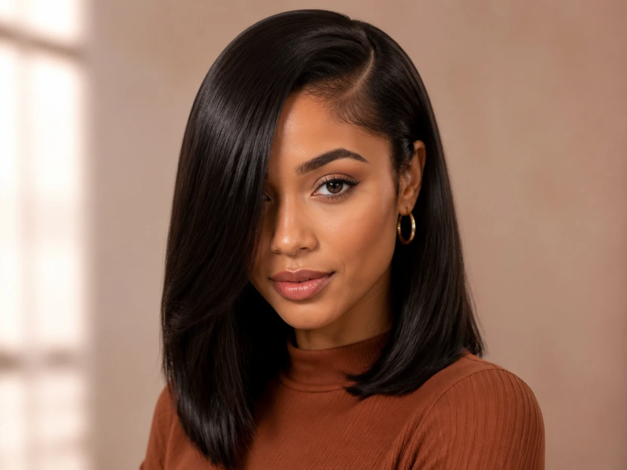 A deep side part on pressed hair