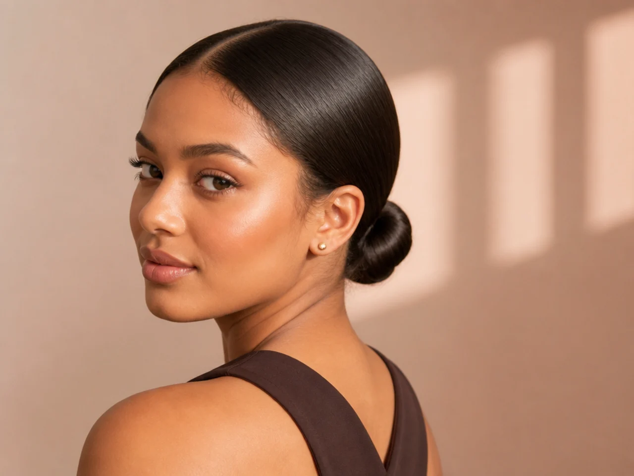 A low bun on pressed hair