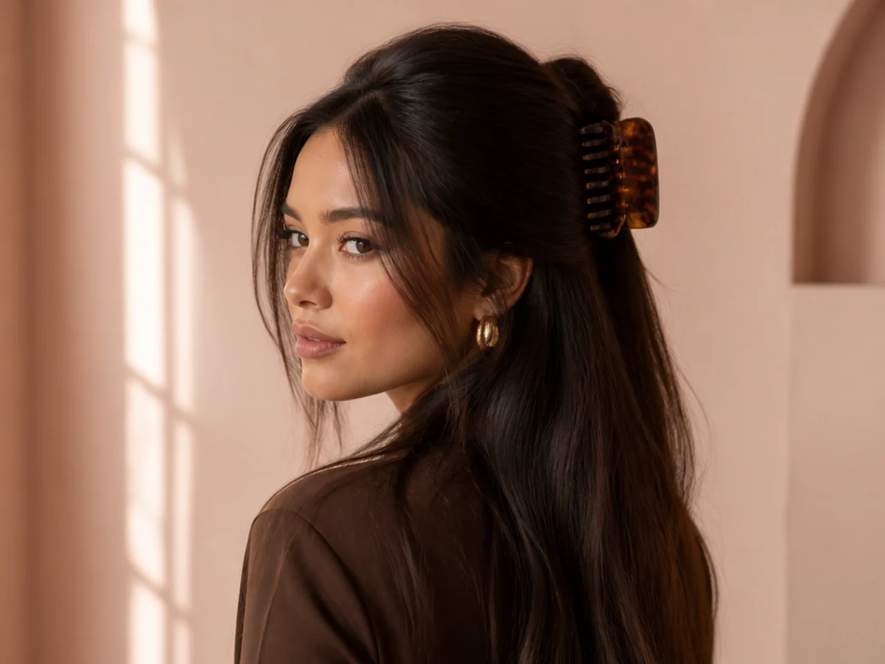 A large claw clip half-up on thick hair