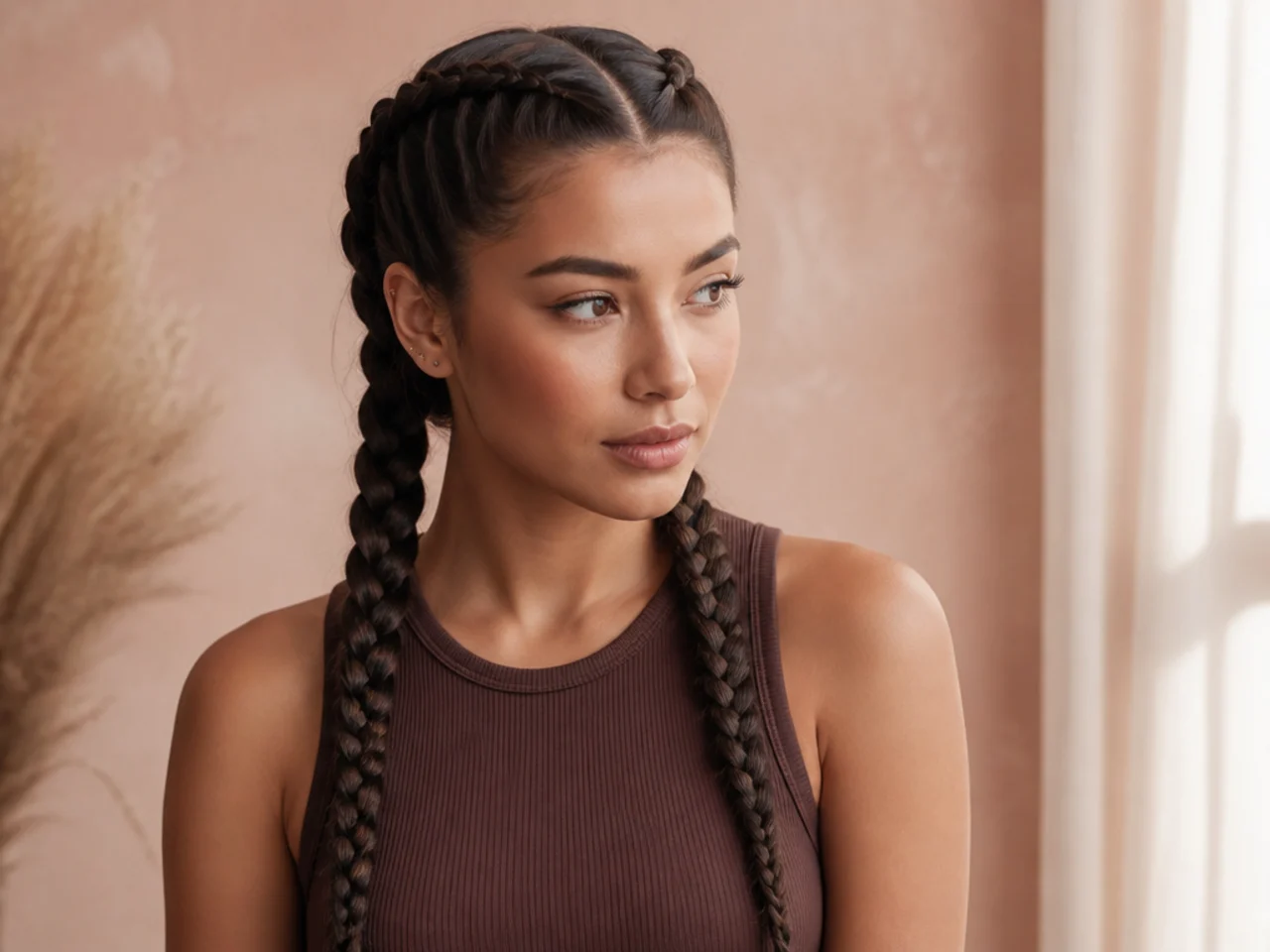 Two Dutch braids on thick straight hair