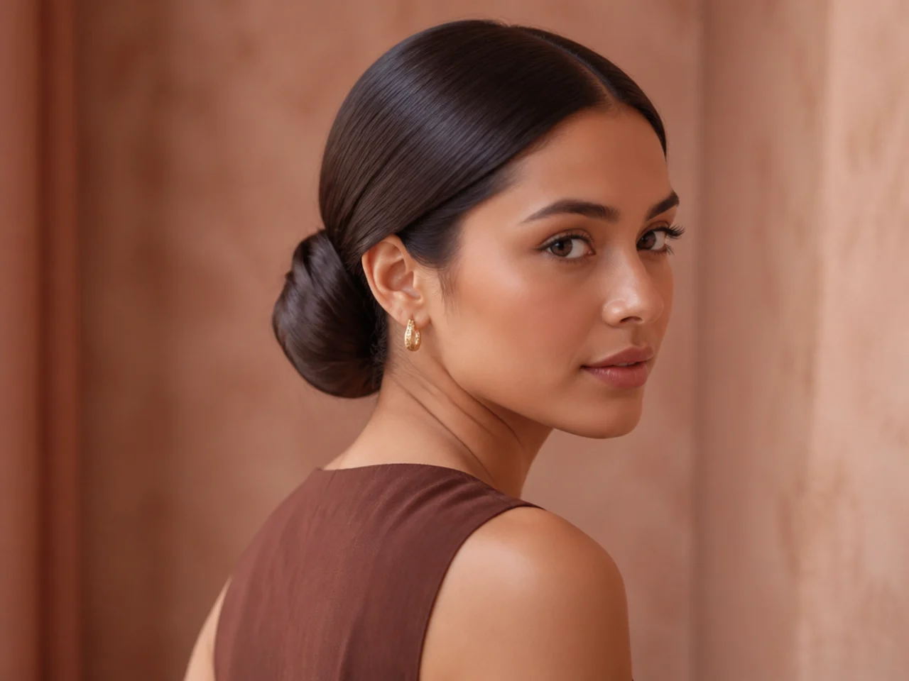 A sleek low chignon on thick hair