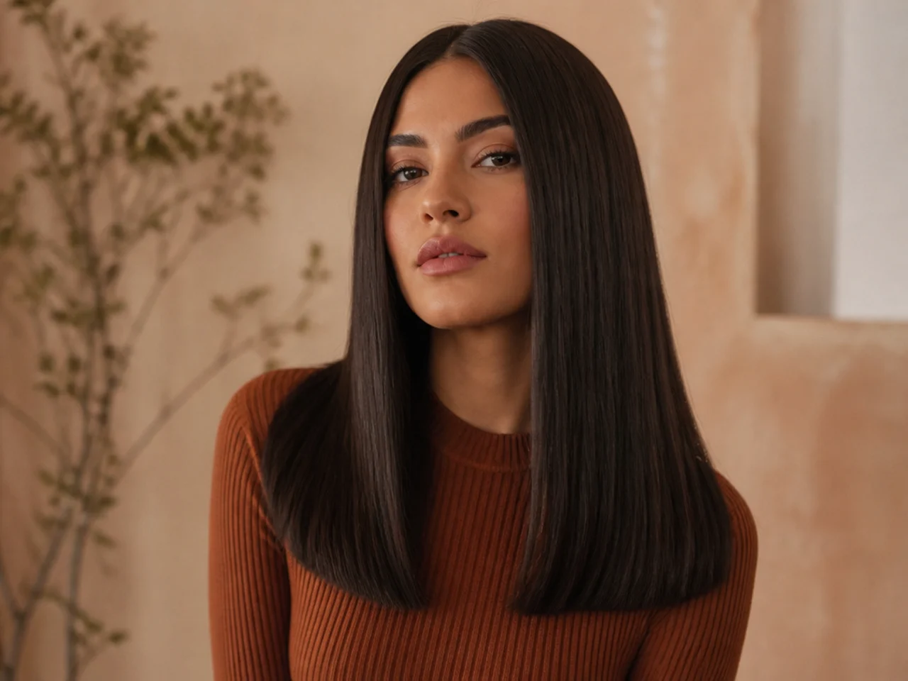 Thick straight hair worn down with blunt ends