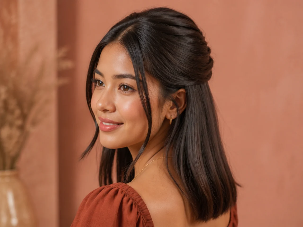 A classic half-up on medium-density hair