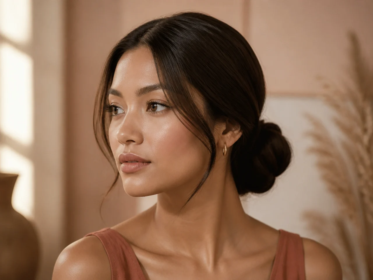 A low bun on medium-density straight hair
