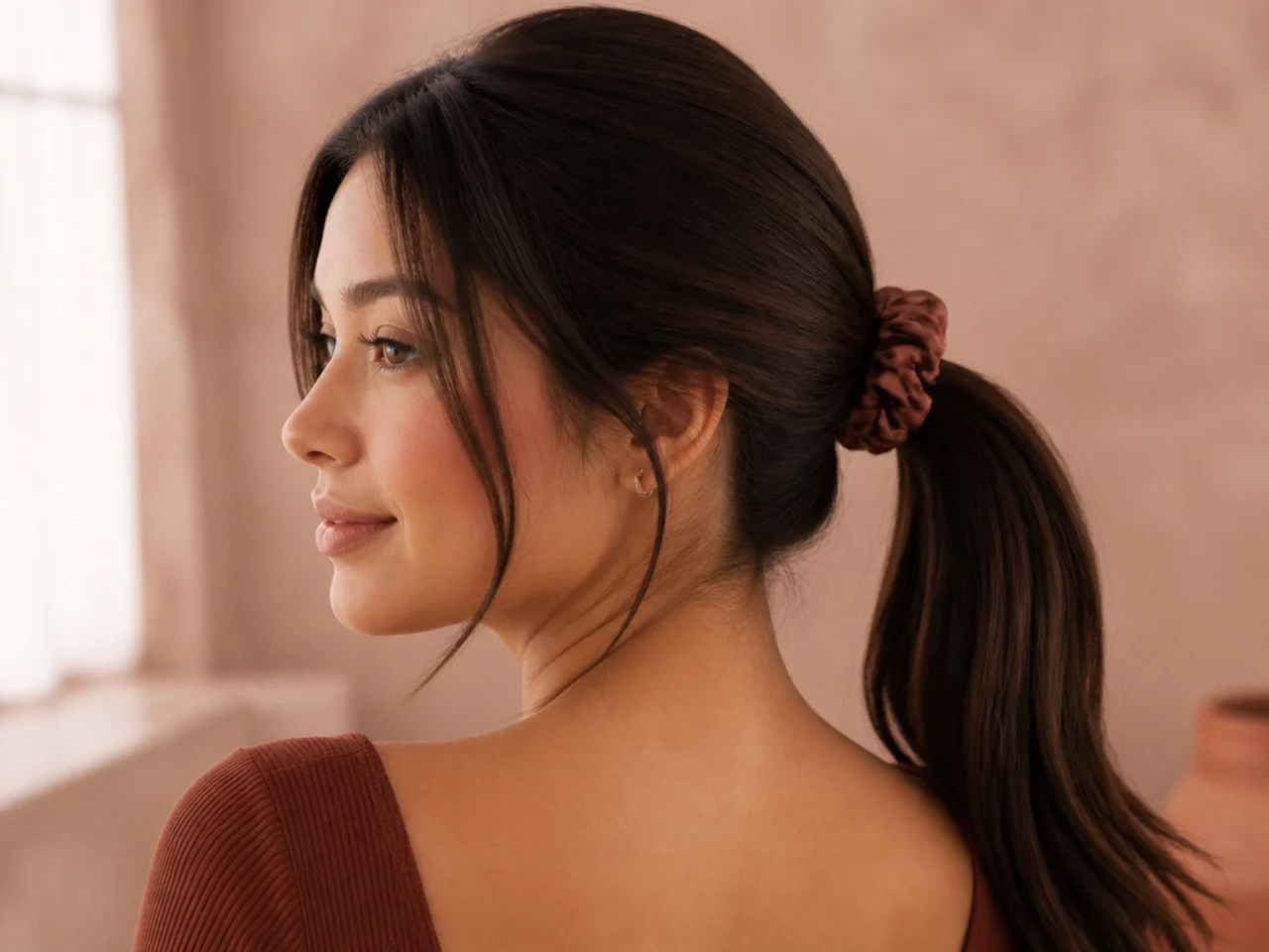 A scrunchie ponytail on fine hair