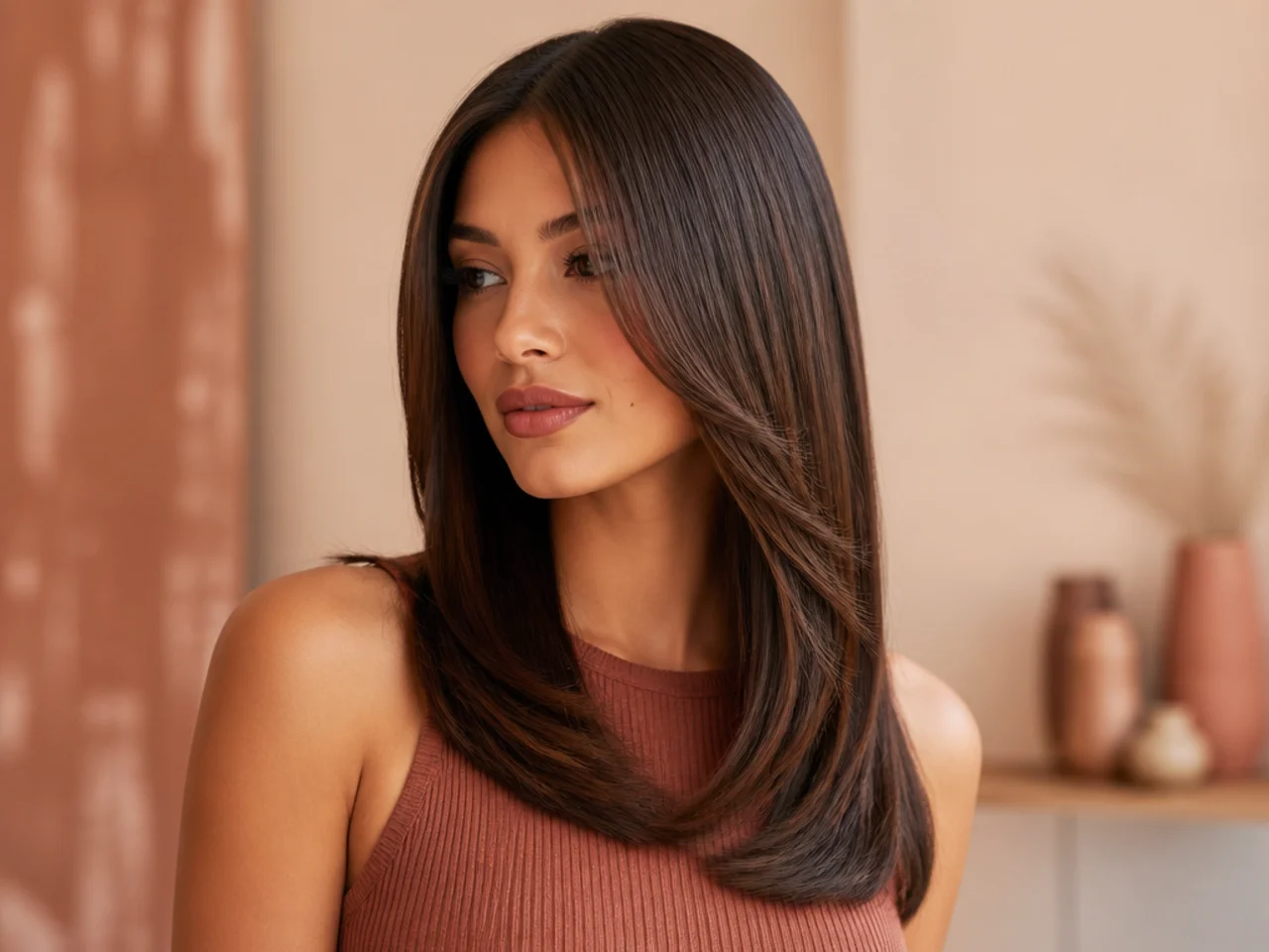 Three-quarter view of styled straight hair