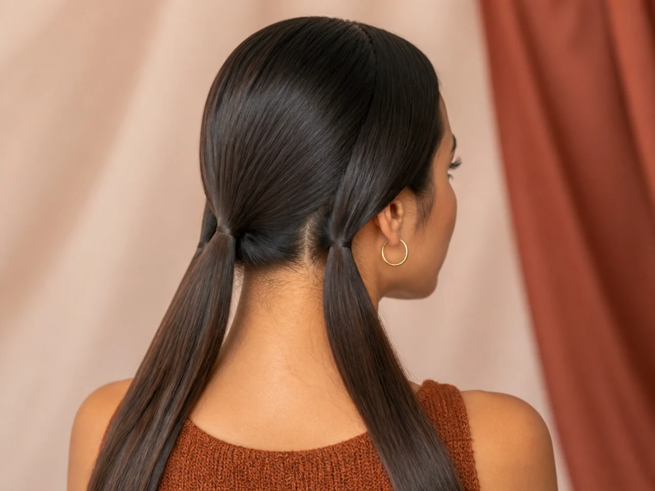 Hair divided into two sections before fastening