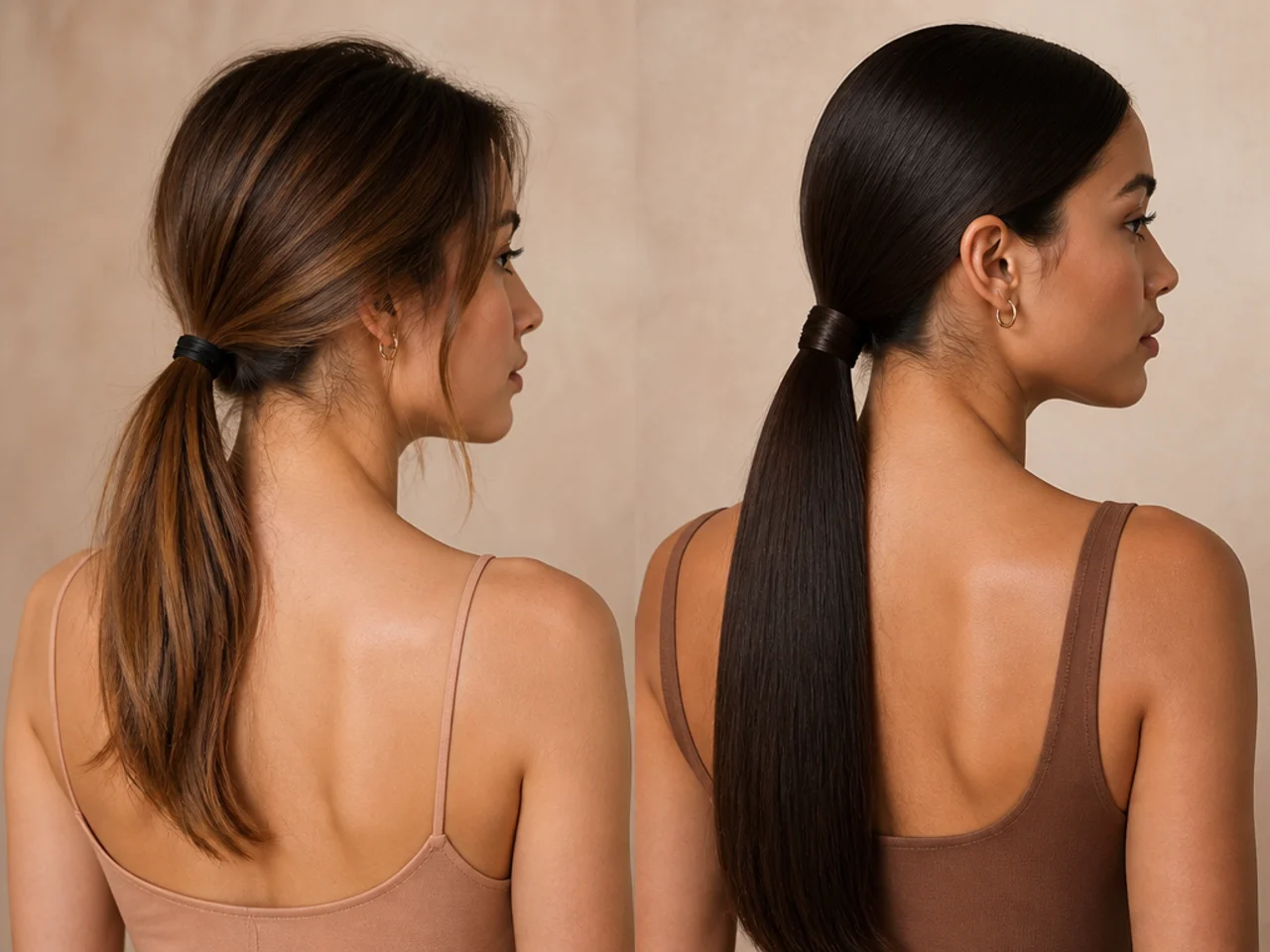 A slipping fine ponytail beside a flattened thick one
