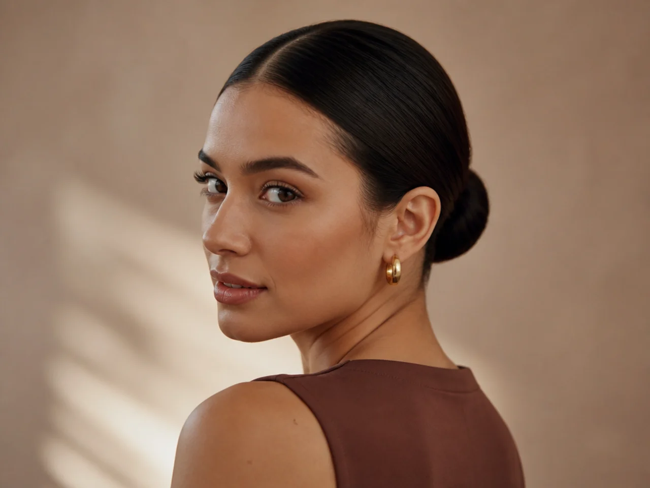 A slicked low bun on third-day hair