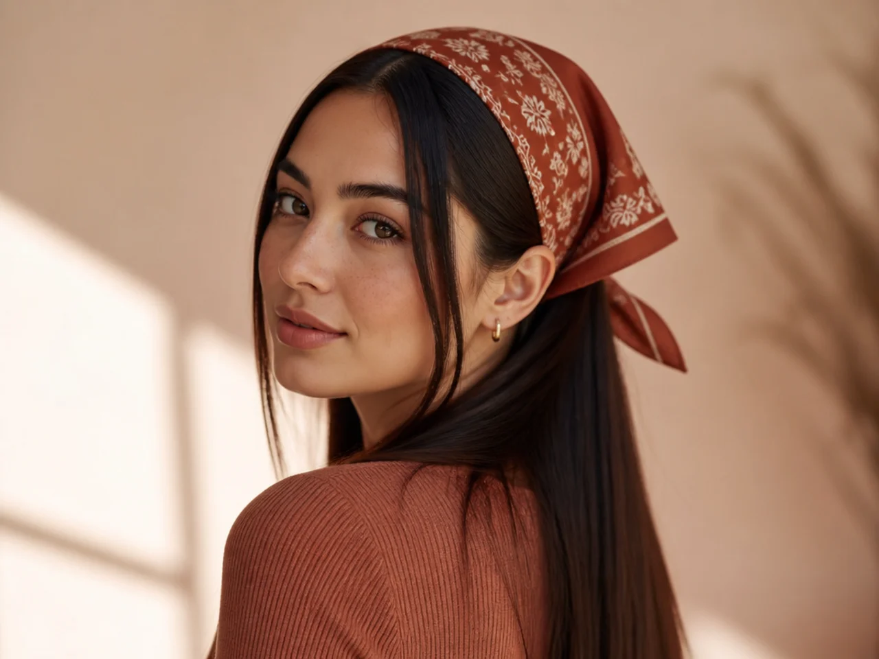 A bandana folded and tied back
