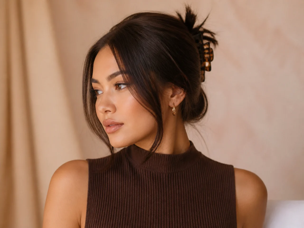 A claw clip with face-framing pieces out