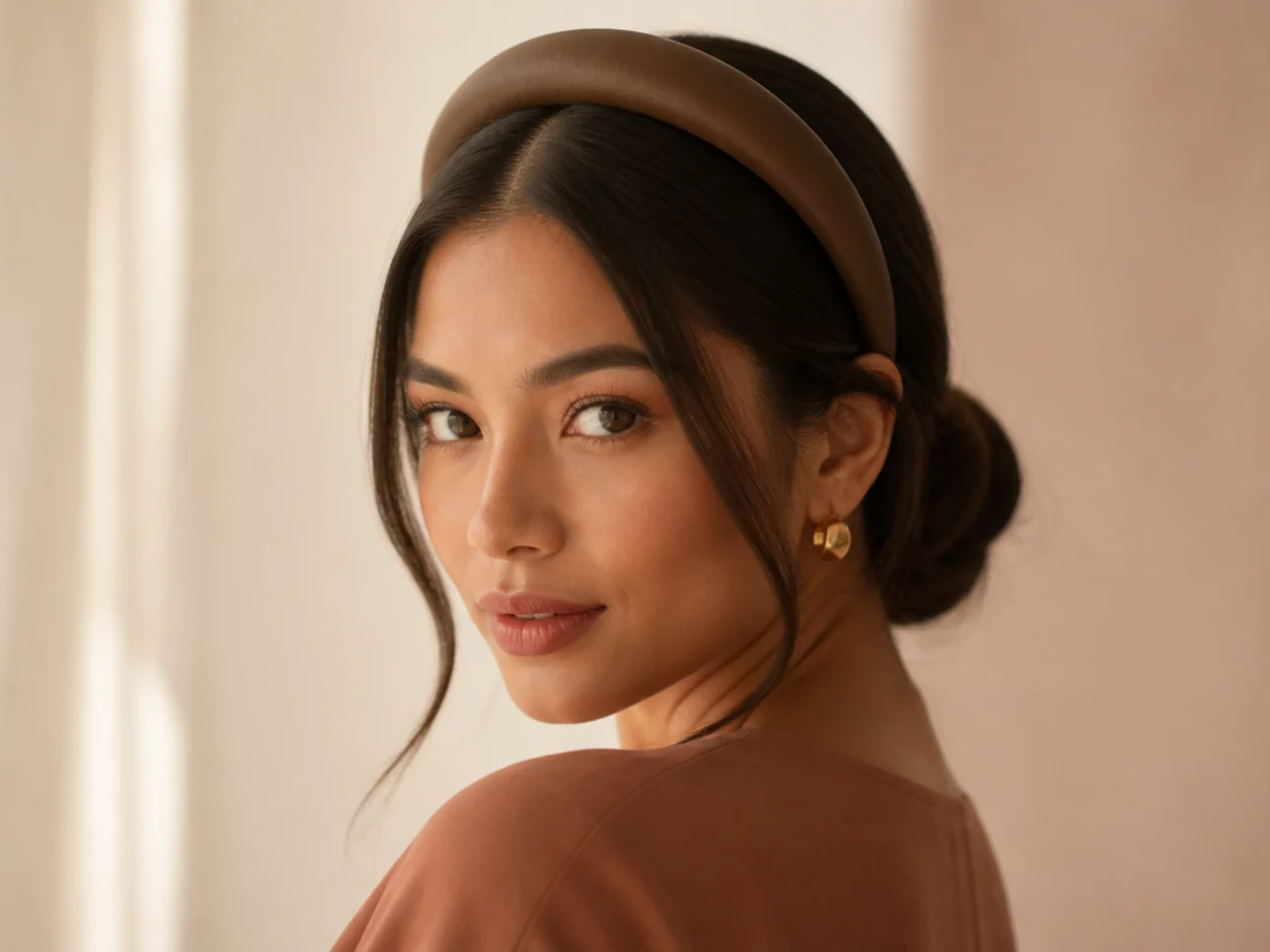 A padded headband with a low bun
