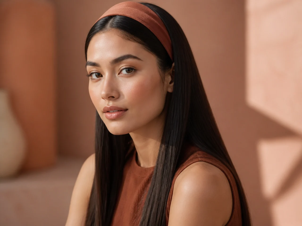 A wide headband on straight hair