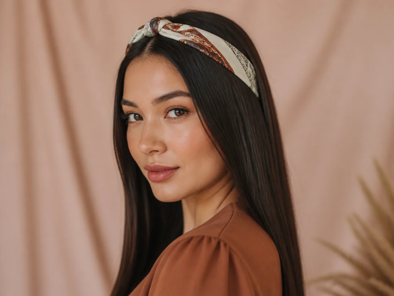 A silk scarf worn as a headband