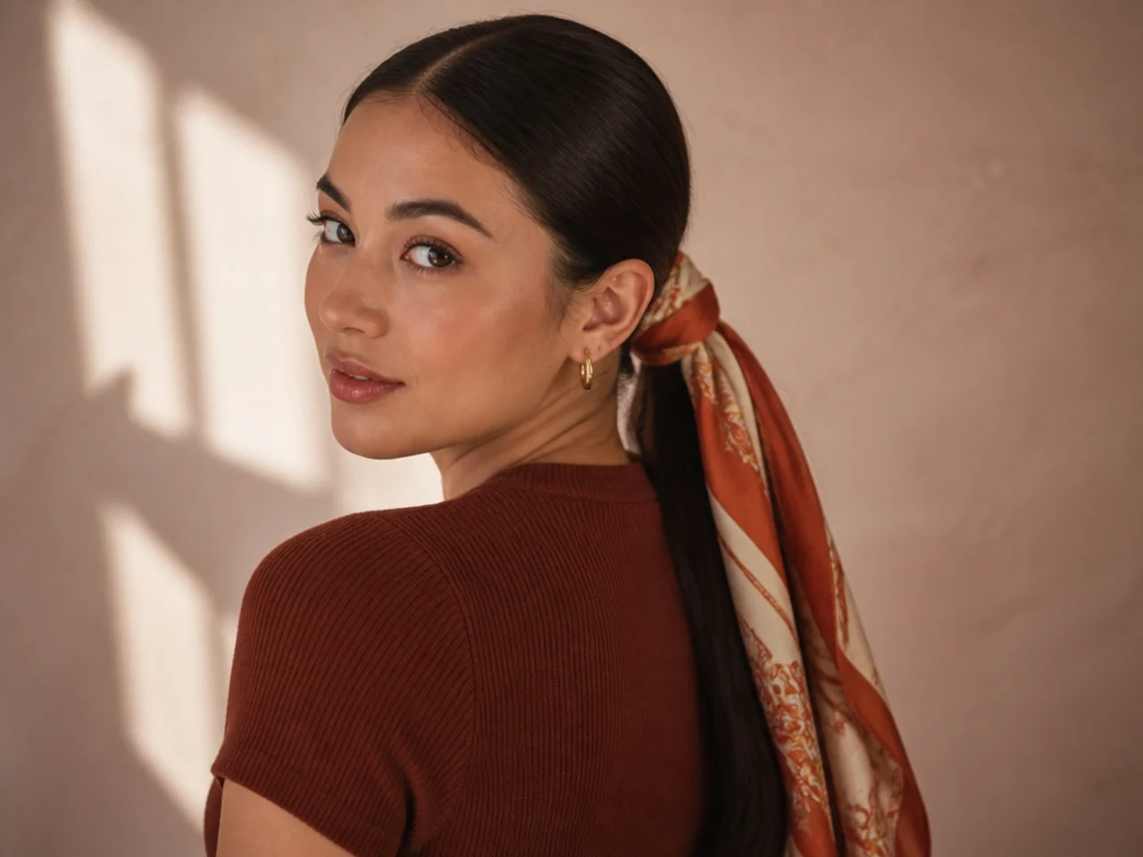 A scarf tied around a ponytail