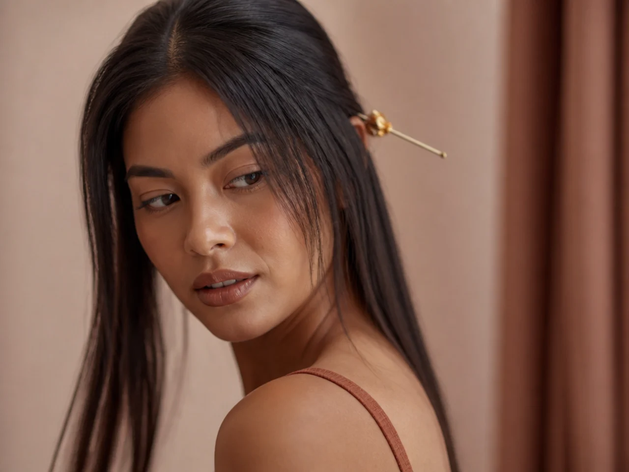 An ornamental pin sliding out of straight hair