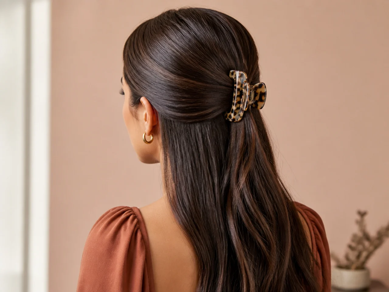 A sleek smoothed half-up