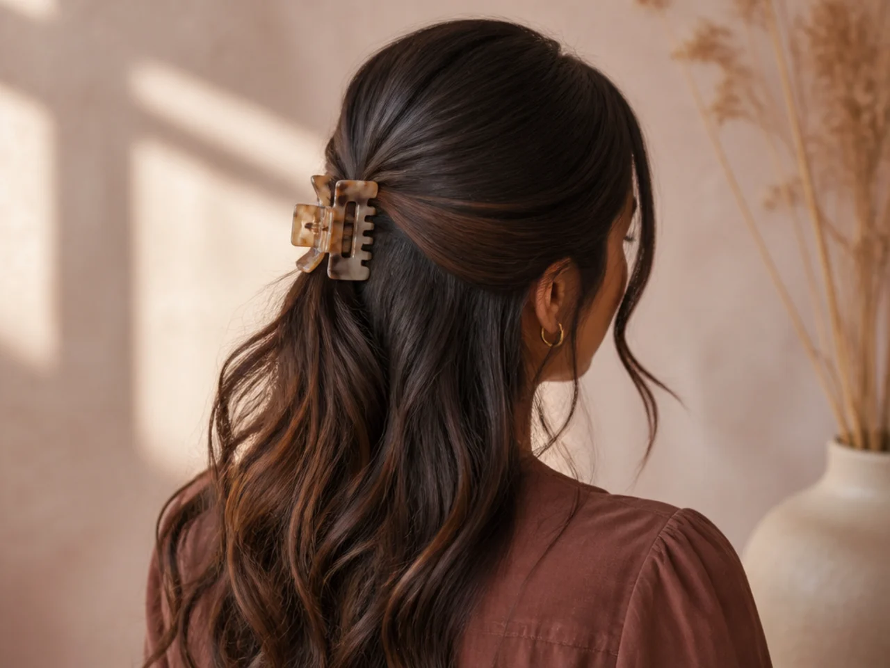 A half-up clip fastened over an elastic