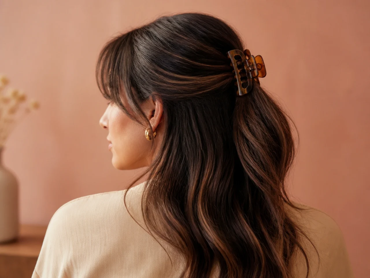 A half-up worn with a fringe left out