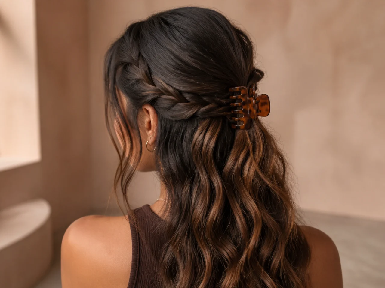 A braided half-up secured with a clip