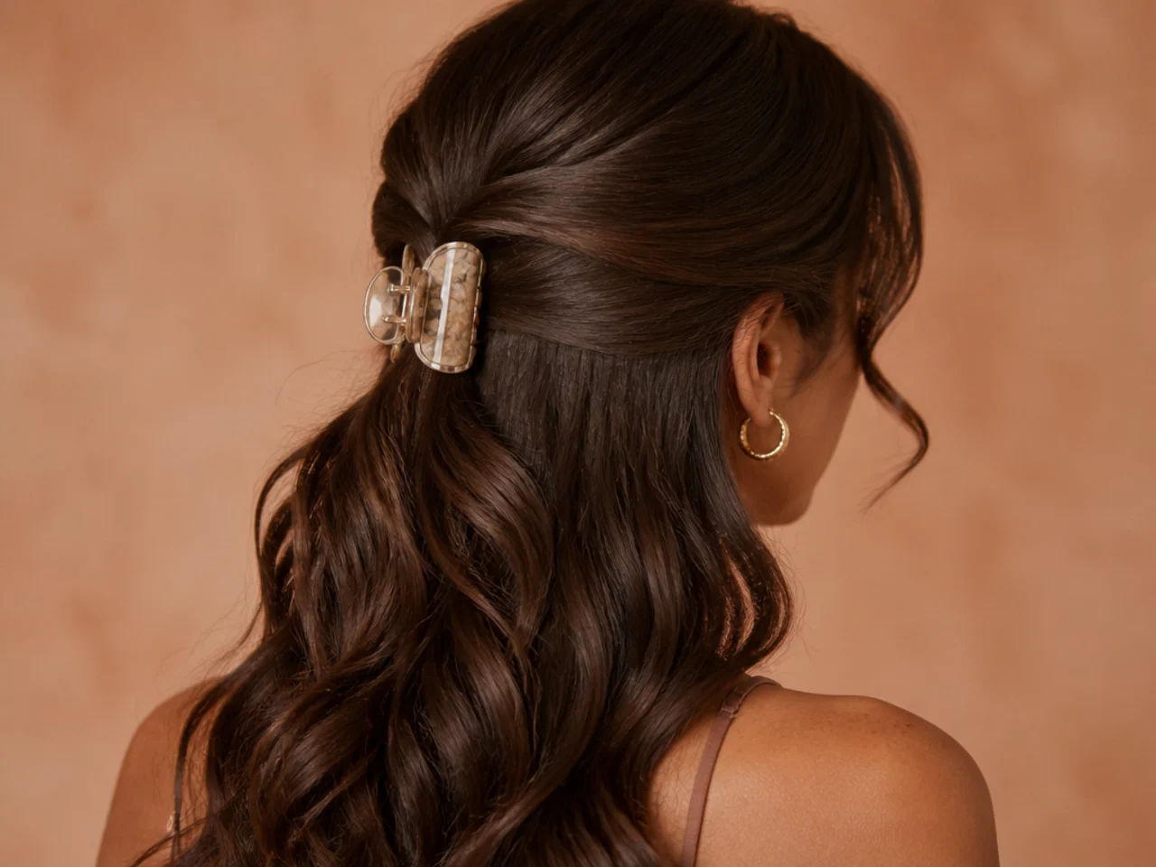 A decorative claw clip in a half-up