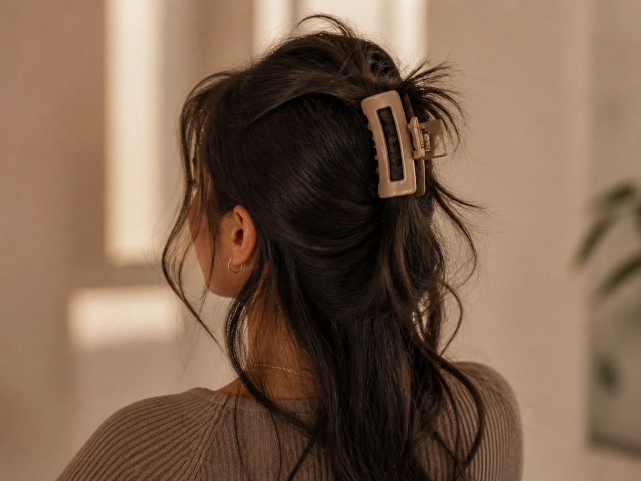 A top-heavy half-up slipping from an oversized clip