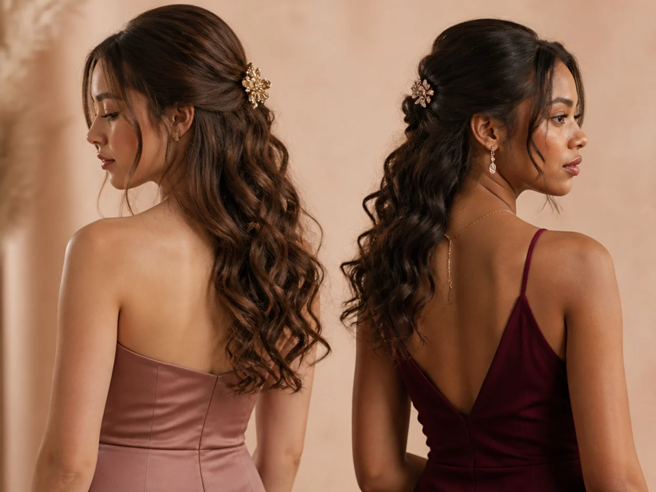 A half-up shown against a strapless and a V-neck dress