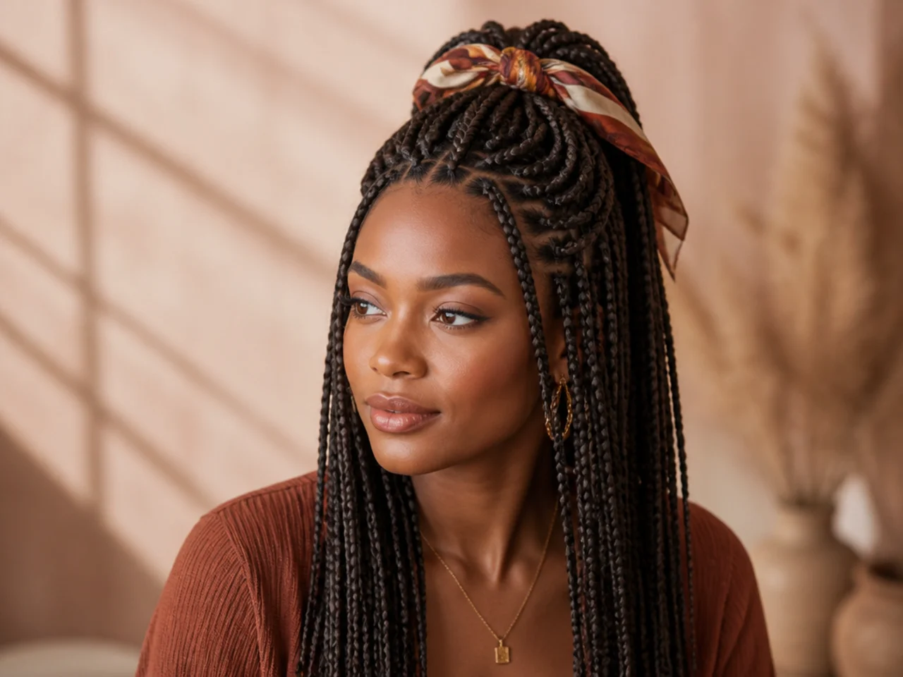 Half up braids tied with a scarf