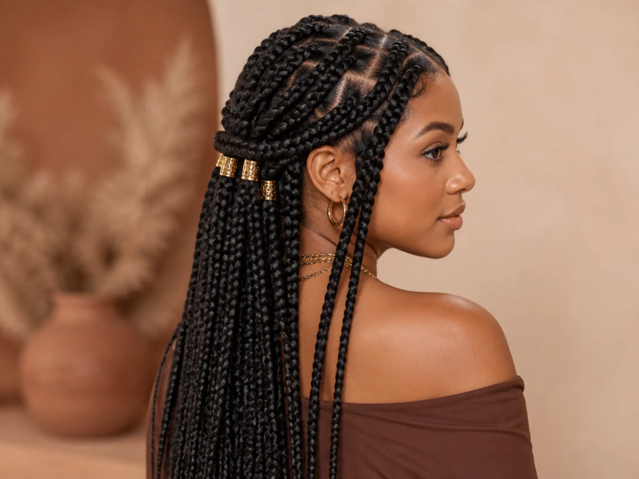 Half up braids with gold cuffs on the gathered section