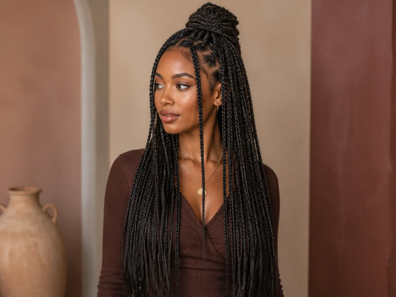 Waist-length braids worn half up