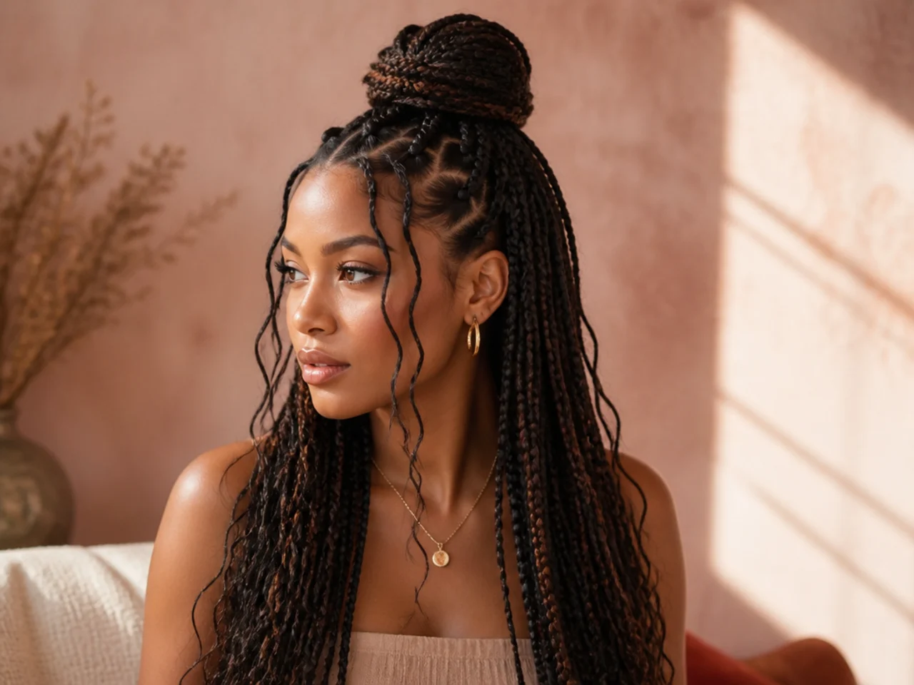 Boho braids worn half up with loose pieces