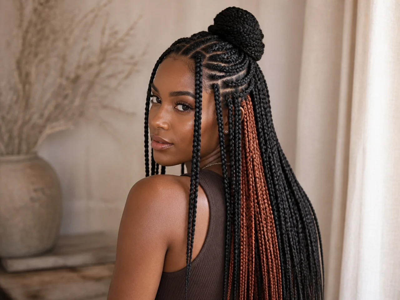 Half up braids revealing coloured braids underneath