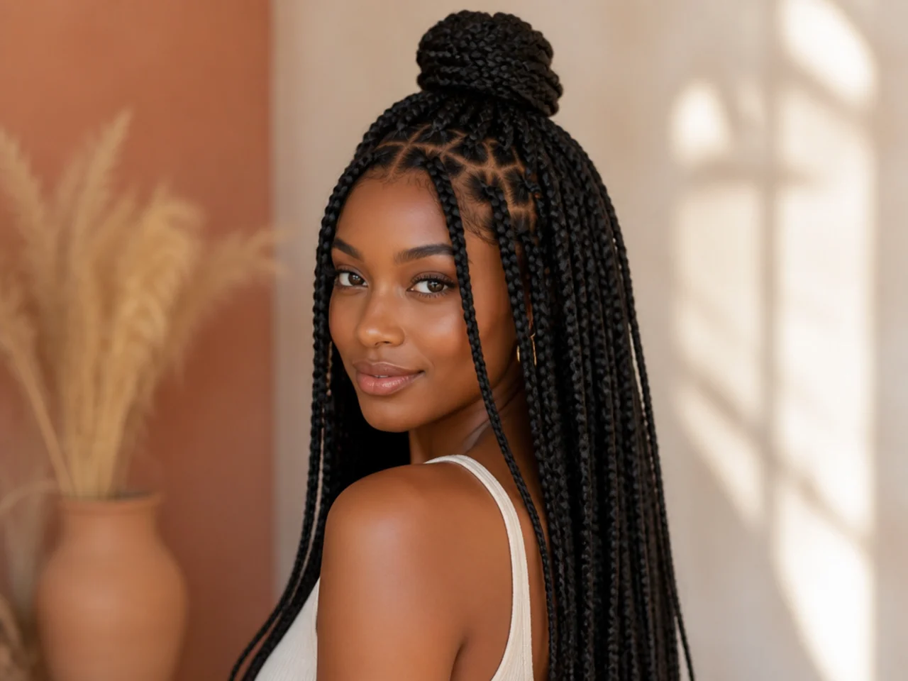 Three-quarter view of a finished half up braid style