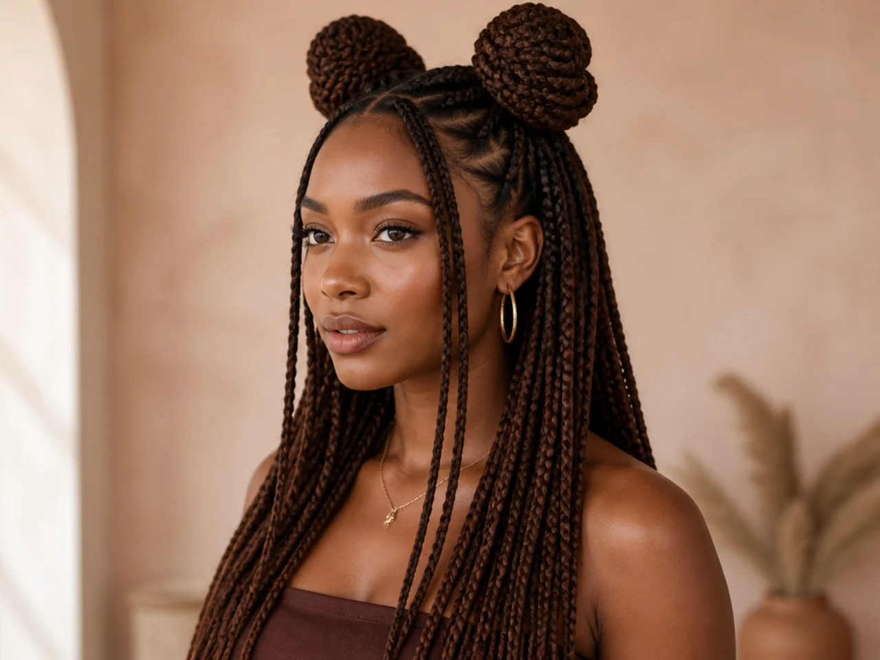 Medium braids in two half up buns