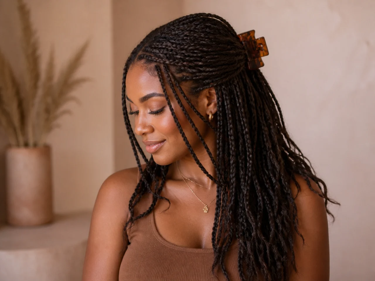 Half up medium braids held with a large claw clip