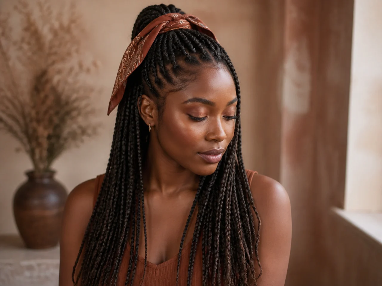 Half up medium braids tied with a scarf