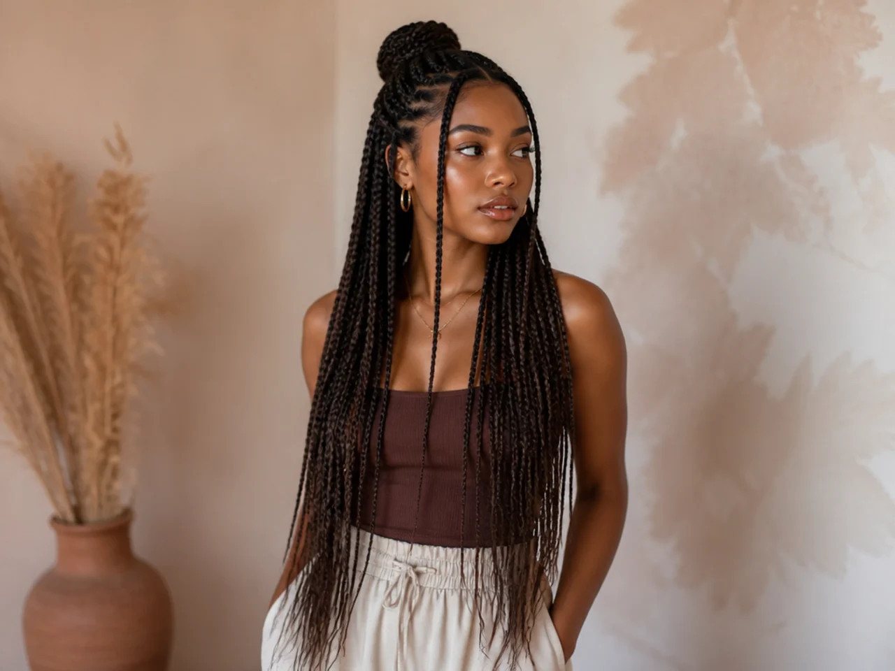 Waist-length medium braids worn half up