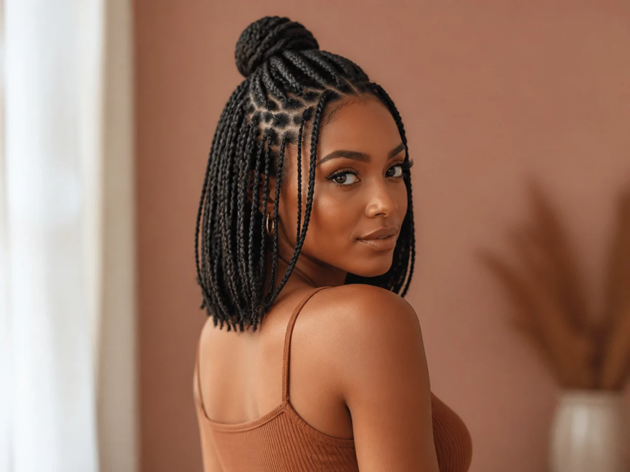 A medium braid bob worn half up