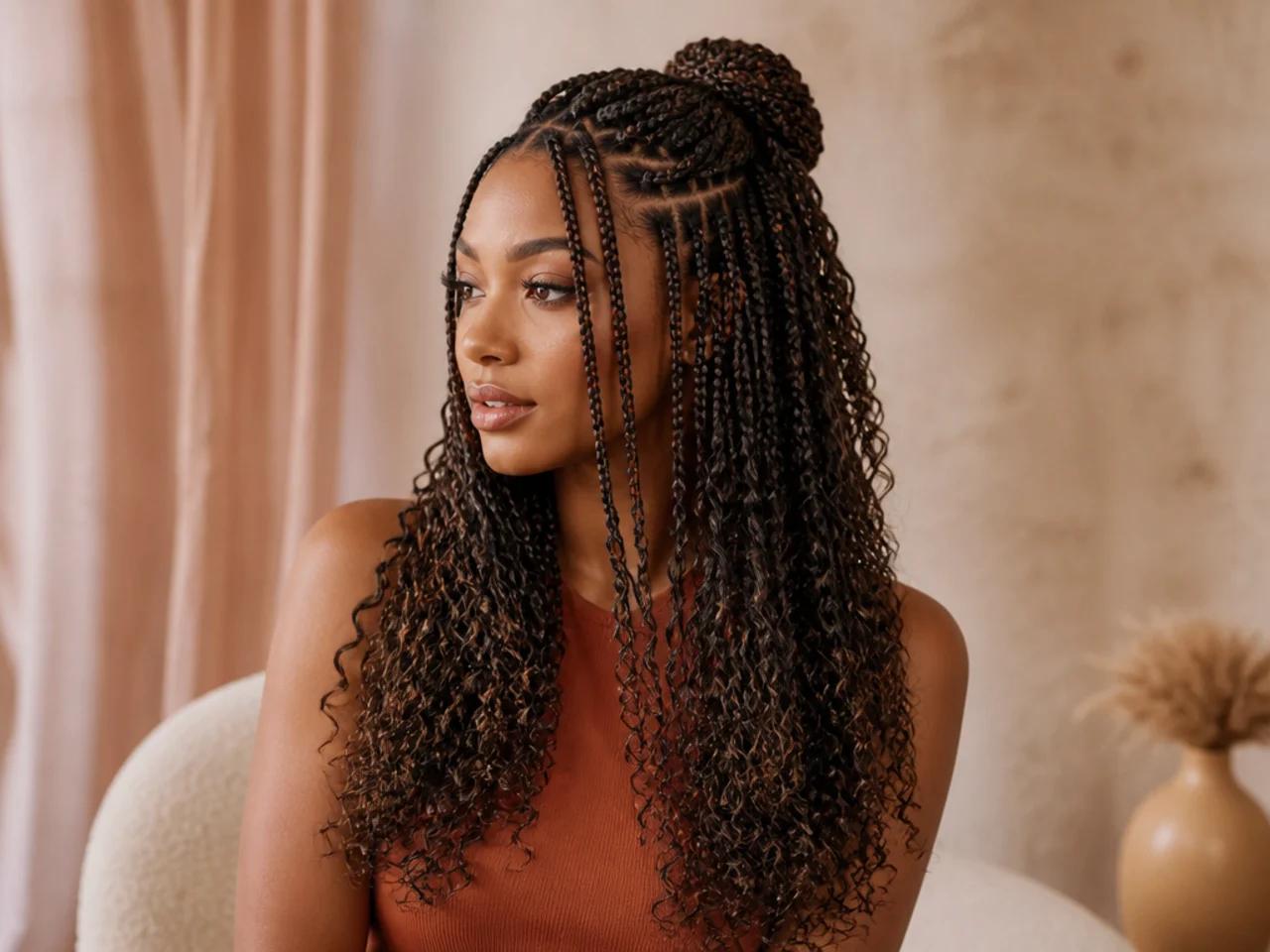 Half up medium braids with curl falling below