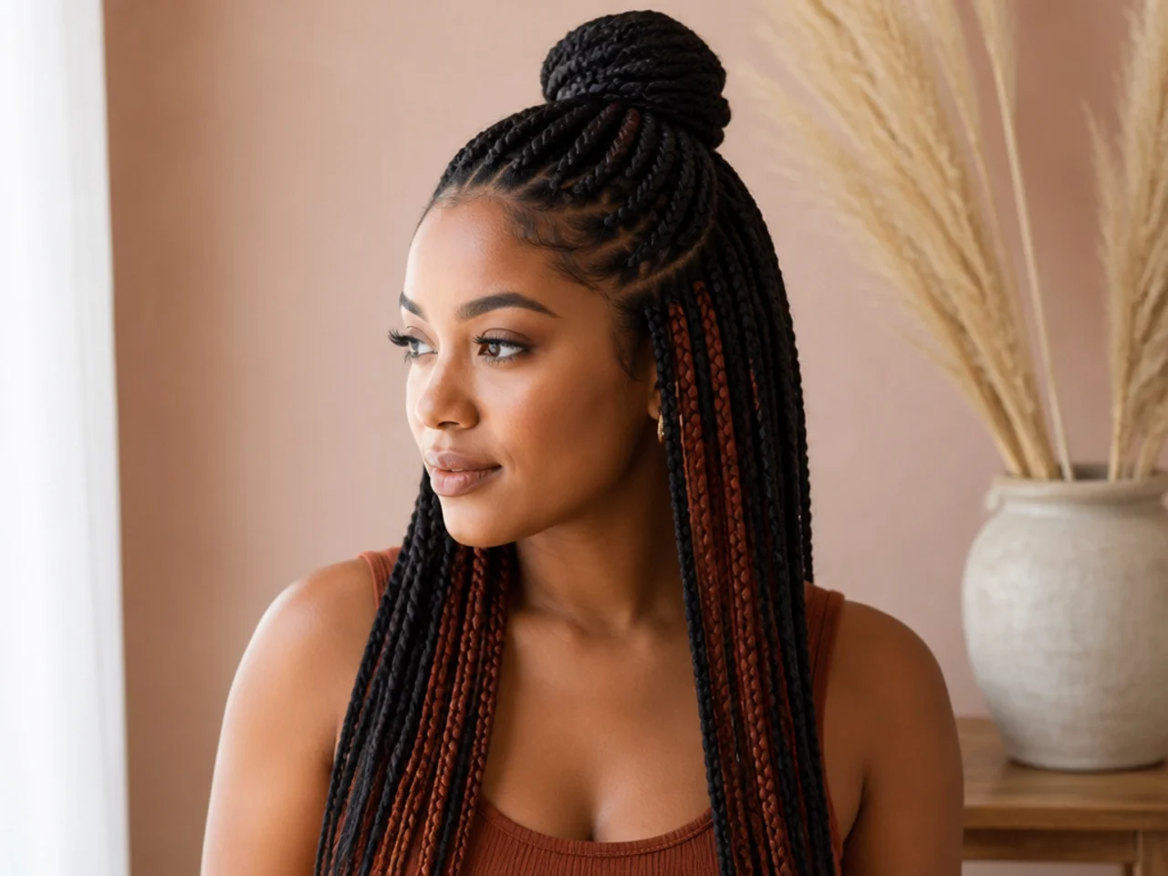 Half up braids revealing coloured braids underneath