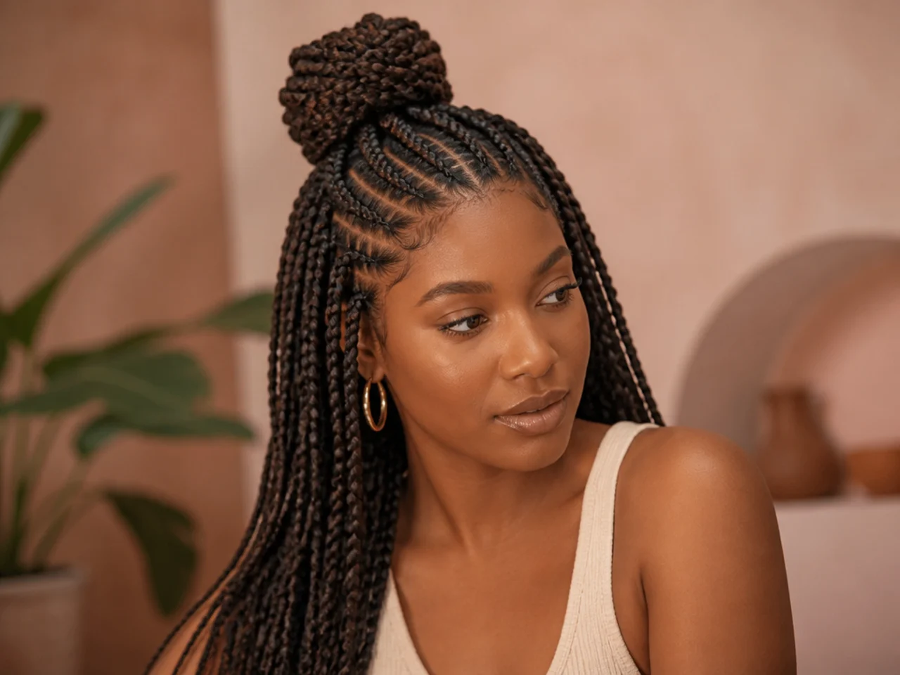 Half up braids with a diagonal section line