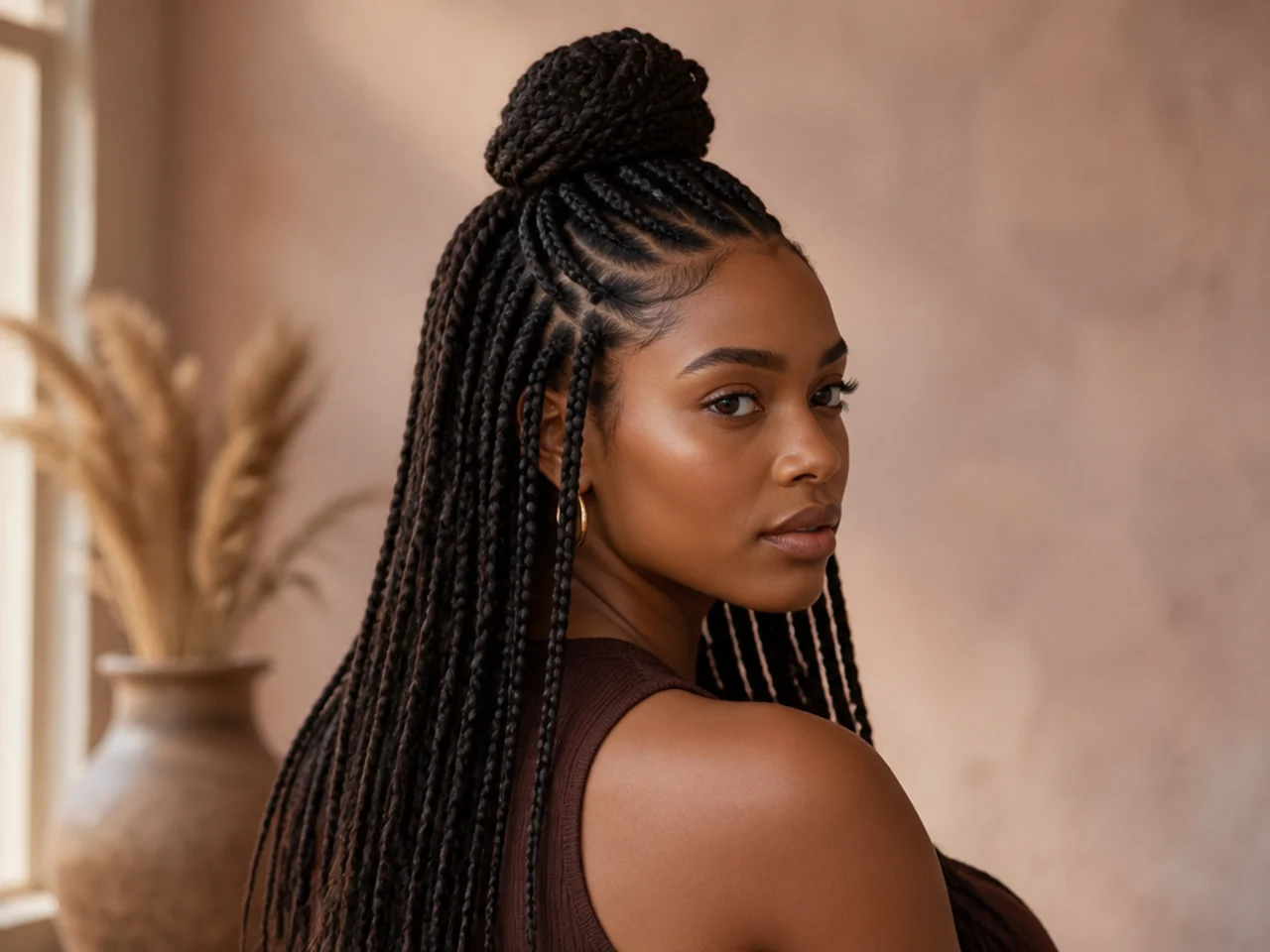 Medium braids in a half up bun