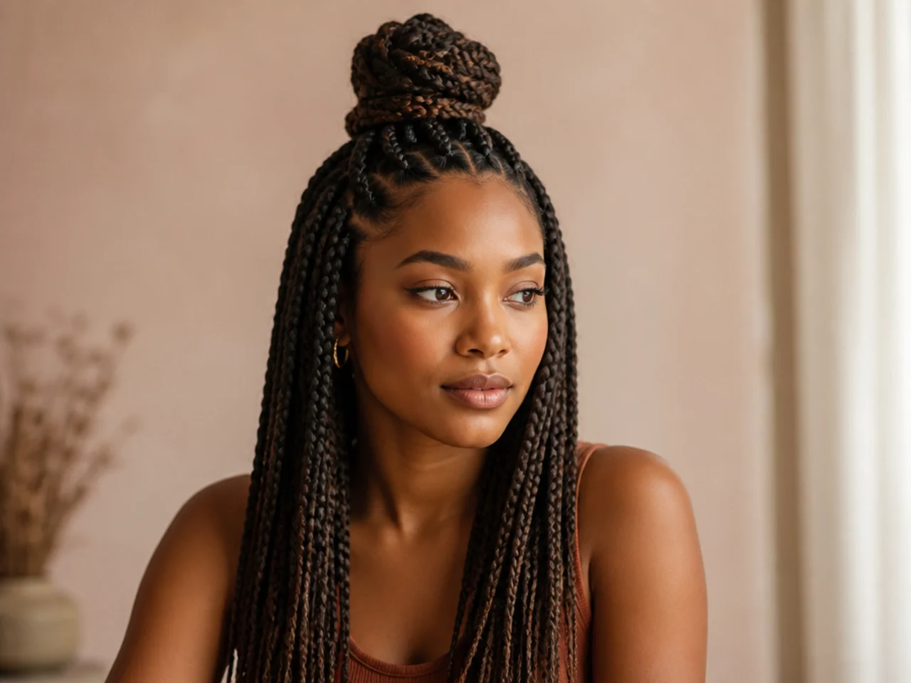 Medium braids in a half up top knot