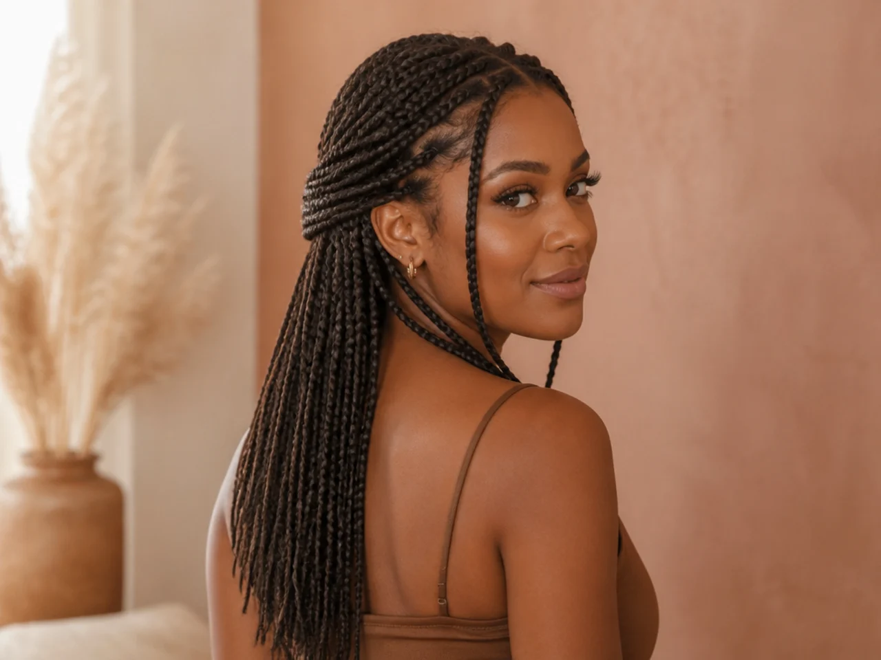 Medium braids in a low half up