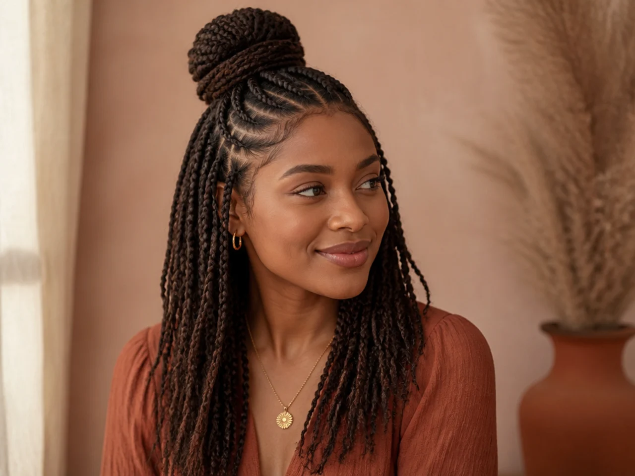Three-quarter view of a finished half up medium braid style