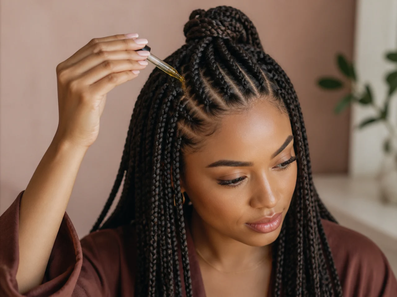 Scalp oil applied along the exposed crown partings