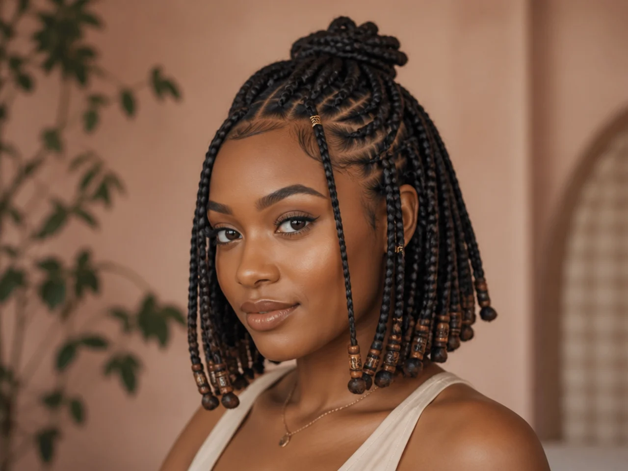 Short Fulani bob braids gathered into a small half-up